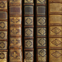 vintage books on wooden shelf.