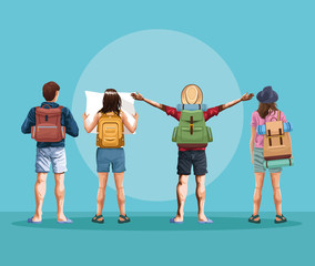 Fototapeta premium Backpack travelers young tourists cartoon