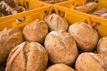 Fresh bread on the market closeup