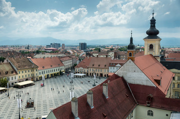 Aerial view of Piata Mare (Big Square) of the city of Sibiu, in Romania.