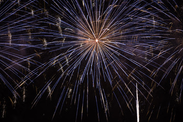 Beautiful fireworks closeup with colorful blue lights