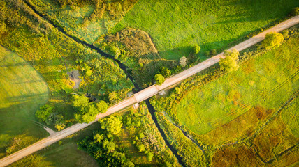 Aerial landscape - river valley at sunrise