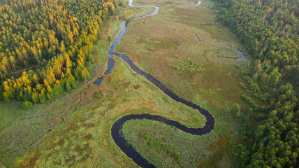 Aerial landscape - river valley at sunrise