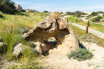 Rock formation with a hole in Gobustan, Azerbaijan.