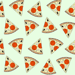Pizza slice seamless pattern. Italian food endless background hand drawn art design elements stock vector illustration for web, for walpapper