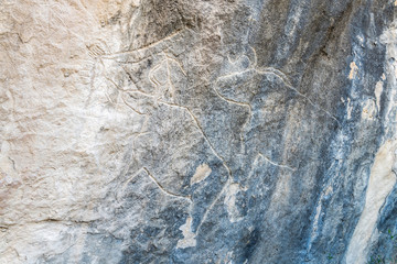 Ancient petroglyph depicting bulls in Gobustan, Azerbaijan.