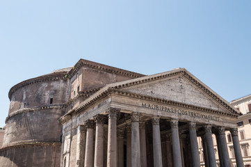 Landscape view of the facade of Agrippa's Pantheon and dome on a sunny summer day, Rome, Itally.  Constructed between 118 and 125 a.C. by Emperor Adriano