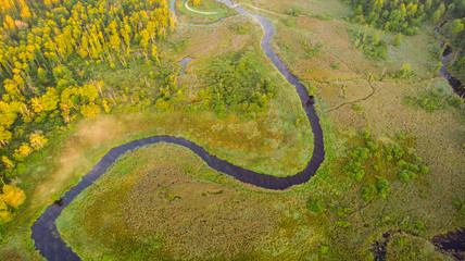 Aerial landscape - river valley at sunrise