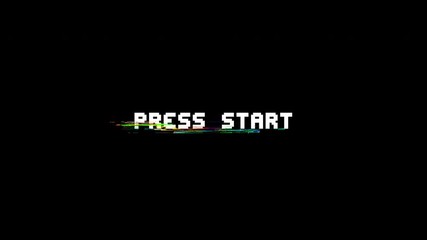 retro videogame PRESS START text computer HUD holographic glitch interference noise screen animation seamless loop