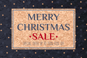 Christmas Sale banner on a dark craft paper background. Template for greeting card, brochure, poster or banner. Vector illustration