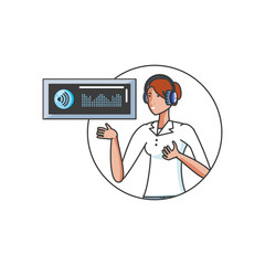 cute young woman with earphones and player display