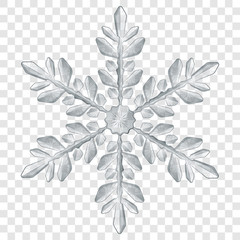 Big complex translucent Christmas snowflake in gray colors for use on light background. Transparency only in vector format