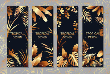 Golden Tropical Leaves Vertical Banner Set