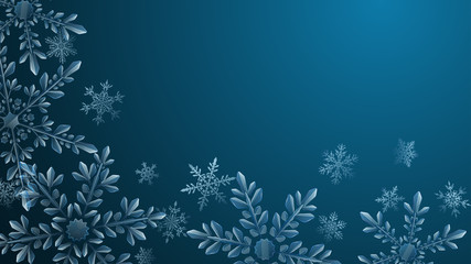 Fototapeta na wymiar Christmas composition of large complex transparent snowflakes in light blue colors on dark gradient background. Transparency only in vector format