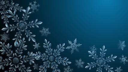 Fototapeta premium Christmas composition of large complex transparent snowflakes in light blue colors on dark gradient background. Transparency only in vector format