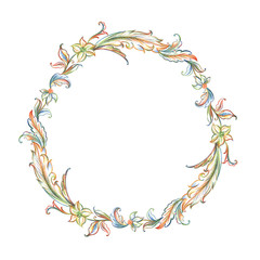 Round baroque frame, hand drawing, illustration on white background.