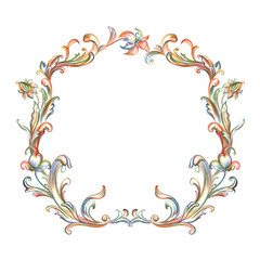 Round baroque frame, hand drawing, illustration on white background.