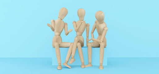 Friendly team. Communication, discussion, the concept of unity. Three wooden mannequins sit in various poses and talk animatedly. 3D rendering.