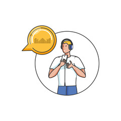 young man with earphones and speech bubble