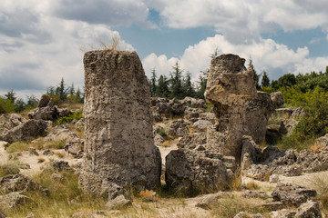 Planted stones, also known as The Stone Desert. Landforms of Varna Province. Rock formations of Bulgaria. Stone forest.