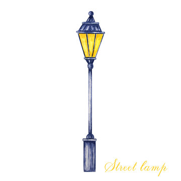 Christmas street lamp. Watercolor illustration Isolated on a white background. Anntique metal bright light lamp