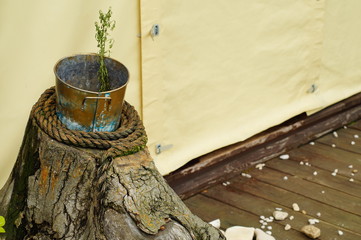 A tin, painted, home-made bucket with a withering plant and wrapped in a thick rope is standing on a wooden stump. On the wooden plank floor are stones.