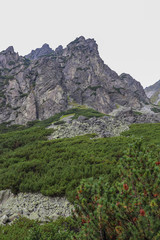 View of mountain peaks in summer time in High Tatras with cloudy sky.