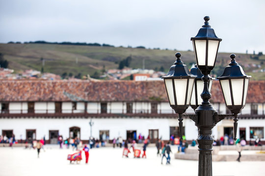 Closeup of the beautiful antique street lights at the Bolivar Square in Tunja city