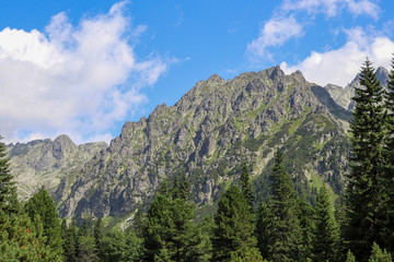 View of mountain peaks in summer time in High Tatras with cloudy sky.