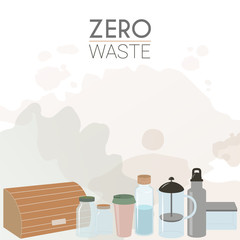 Vector illustration. Set of elements of zero waste lifestyle on light abstract watercolor background. Kitchen. Breadbox, french press, glass jars and bottle, reusable cup, container.
