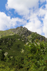 Fototapeta na wymiar View of mountain peaks in summer time in High Tatras with cloudy sky.