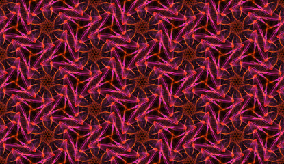 Magical seamless pattern on black background. Abstract ornament of repeating pink and orange glowing elements.