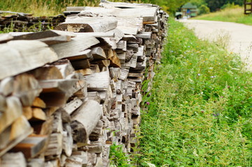 Wall-woodpile of different sizes of wooden boards are arranged in a row diagonally, next to wildflowers and a sandy path extending into the distance.
