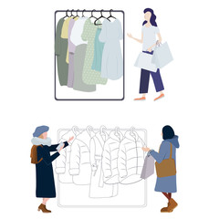  Female customers choosing and buying trendy stylish clothes at apparel boutique or clothing store. Woman go shopping. Sale on  mass market. Wardrobe Update.  Cartoon Flat Vector Illustration.