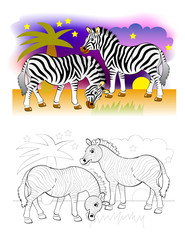 Fototapeta na wymiar Two cute zebras in African desert. Colorful and black and white page for coloring book for kids. Fantasy illustration of animals. Printable worksheet for children and adults. Vector cartoon image.