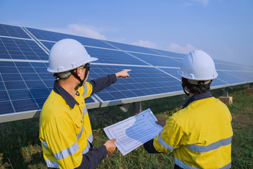 Engineering is checking the accuracy of the solar panel system installation, alternative electricity source, concept of sustainable resources