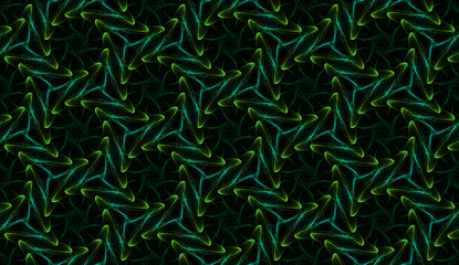 Naklejka na ściany i meble Surreal seamless green pattern on black background. Abstract ornament of repeating glowing elements.