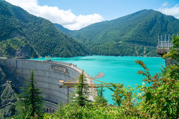 Wide view of The Enguri hydroelectric power station HES.