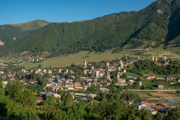 Areal view of beautiful old village Mestia. Great place to travel.