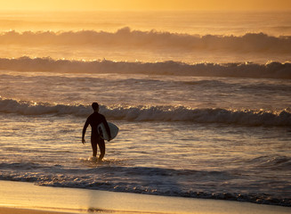 Surfer entering the surf at a beach during sunrise or sunset