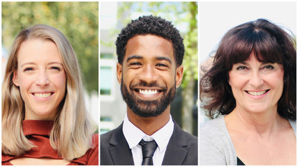 Group of beautiful commercial people outside in a park