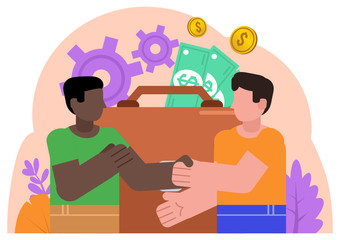 Agreement, deal, cooperation or partnership. Two business partners shaking hands. Poster for social media, web page, banner. Flat vector illustration