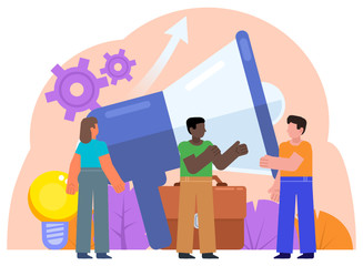 People standing near big megaphone, advertisement agency concept. Marketing team lead and responsibilities. Poster for social media, web page, banner. Flat vector illustration