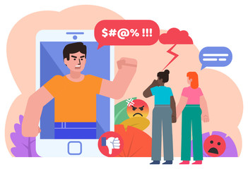 Bullying, trolling online in phone chat, messenger. People quarreling in phone chat. Poster for social media, web page, banner, presentation. Flat design vector illustration