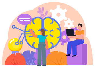 People working on artificial intelligence, new technology, science. Poster for social media, banner, presentation, web page. Flat design vector illustration
