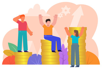 Career, business growth. Successful business people stand on coins charts. Poster for social media, presentation, web page, banner. Flat design vector illustration