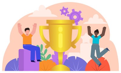 Celebrate victory, win prize, take first place. People stand near big golden cup. Poster for social media, presentation, web page, banner. Flat design vector illustration