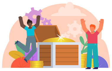 Financial success, income growth, wealth, become rich. Happy man and woman stand near big treasure chest. Poster for social media, web page, banner, presentation. Flat design vector illustration