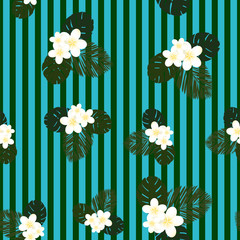 Obraz premium Seamless striped vector tropical pattern. Plumeria, frangipani. Exotic vector beach wallpaper seamless pattern.