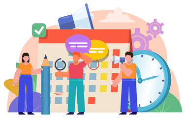 Time management, work planning concept. People stand near big calendar, watches. Poster for social media, web page, banner, presentation. Flat design vector illustration